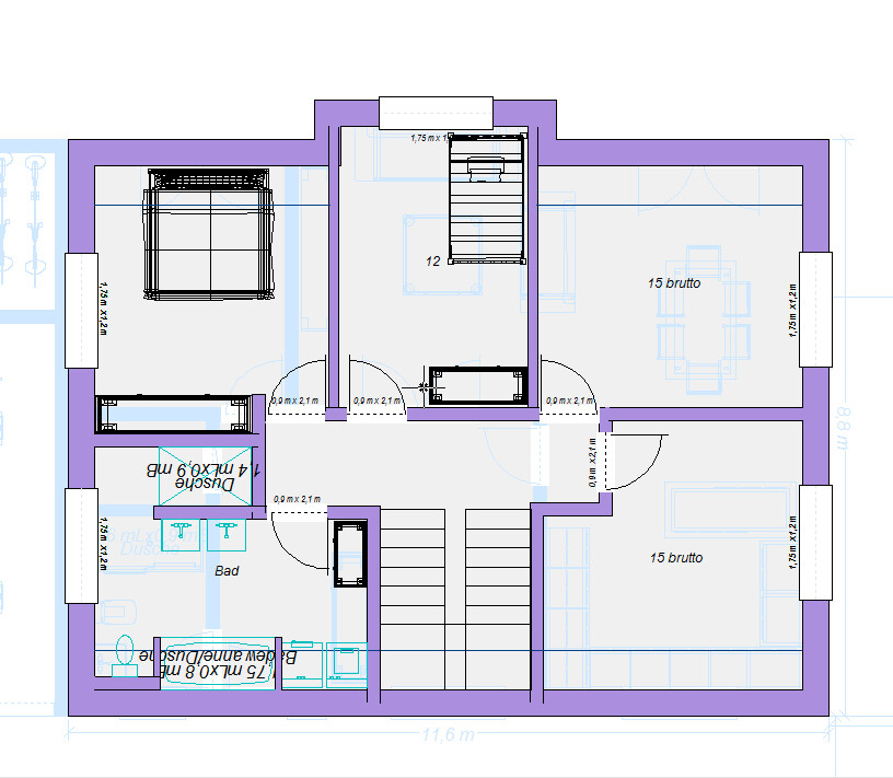 Grundriss eines Obergeschosses mit zentraler Treppe, drei Zimmern, Bad und Küche.