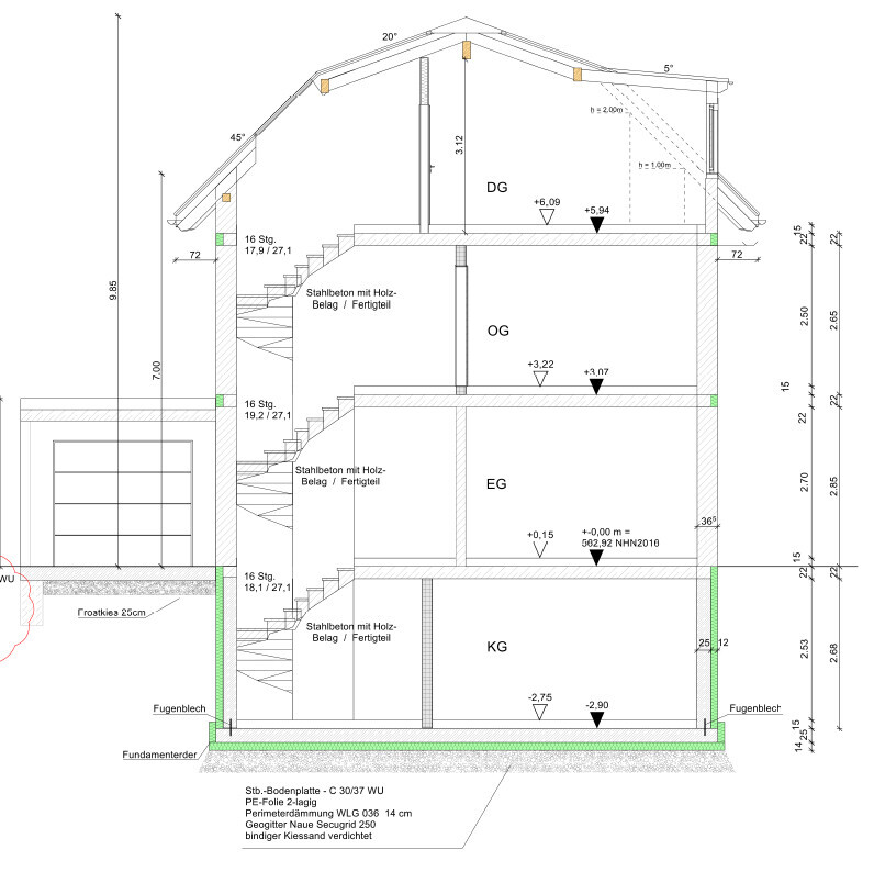 Querschnitt durch ein mehrstöckiges Haus mit KG, EG, OG, DG, Treppenhaus und Dachstuhl.