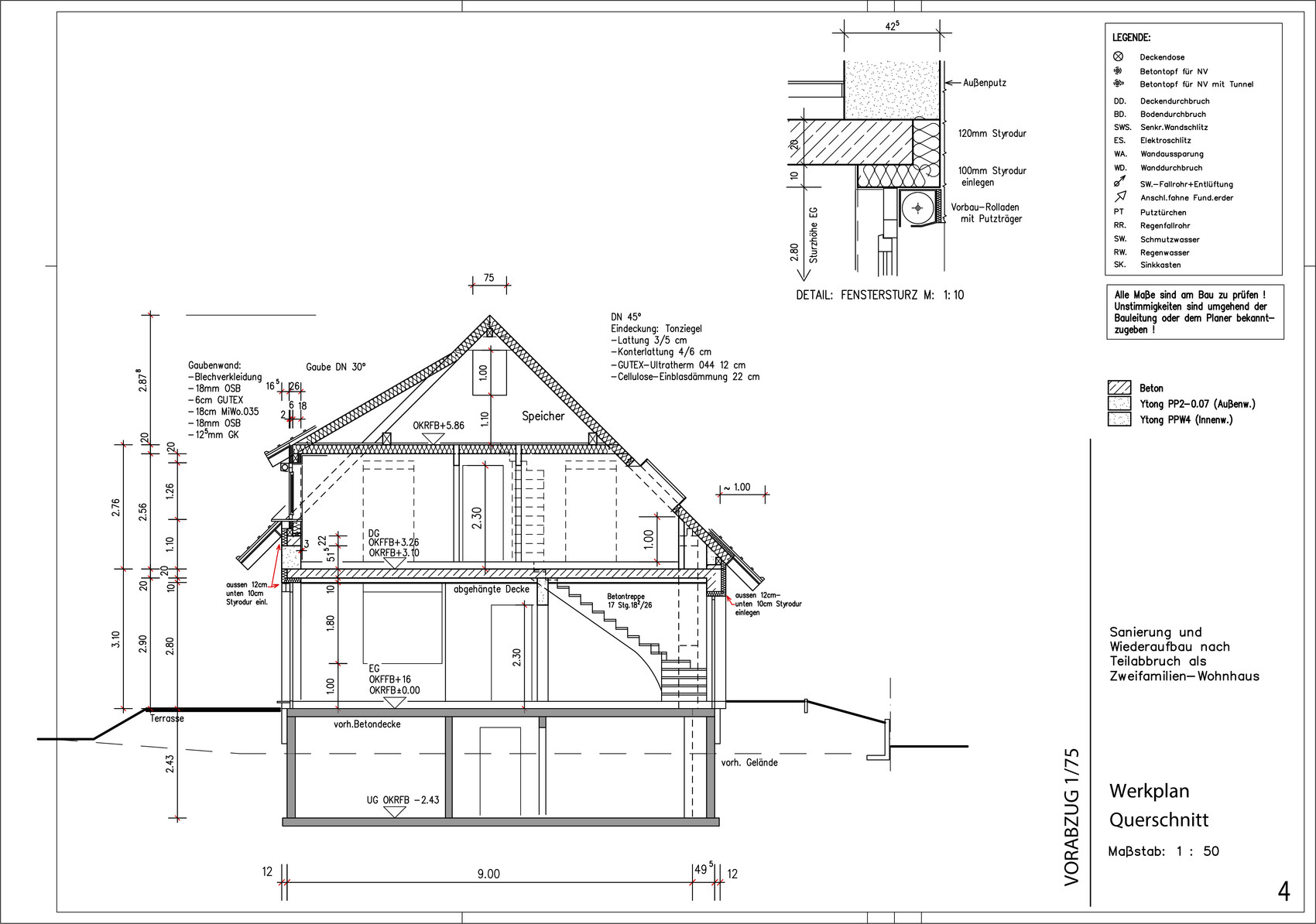 Querschnitt eines Hauses mit Keller, Treppe und Dachstuhl, Maßstab 1:50.