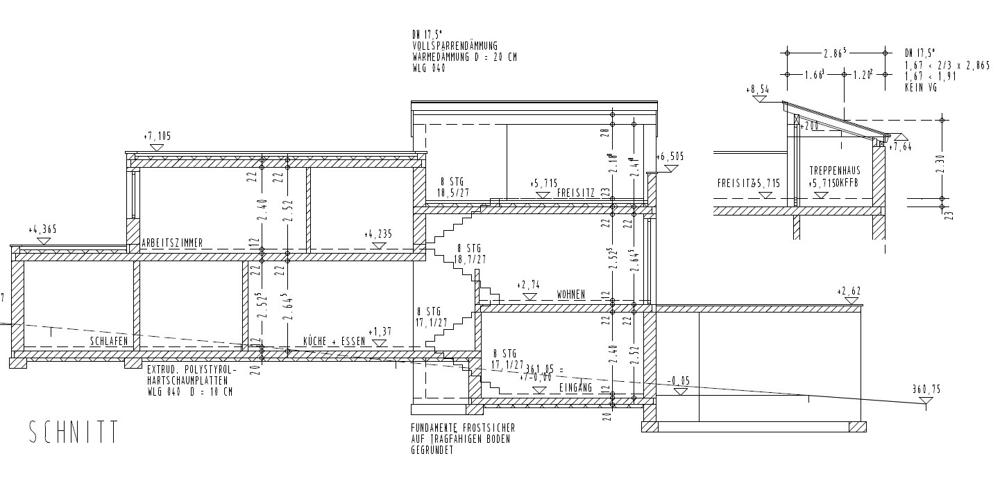 Architektur-Schnitt eines Hauses mit Schlafen, Küche, Wohnen und Treppen.