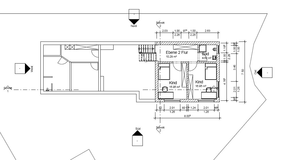 Grundriss eines Obergeschosses mit Flur, Bad und zwei Kinderzimmer.