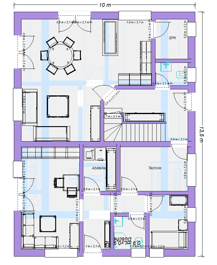 Grundriss eines Hauses: Wohnzimmer, Essbereich, Küche, Technik- und Abstellraum, Dusche.