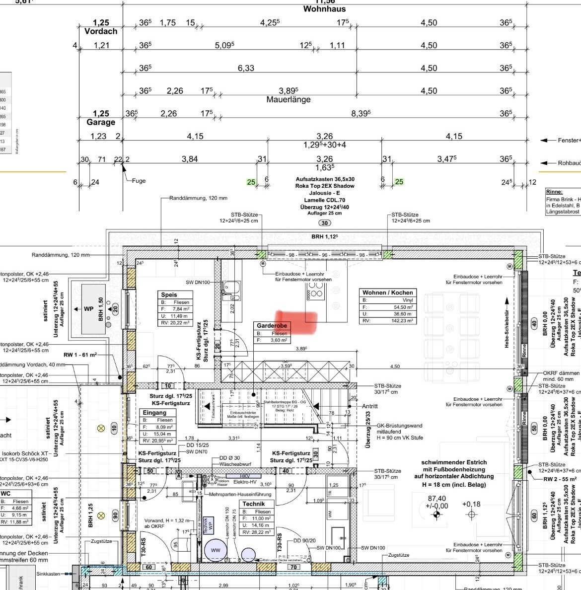 Grundriss eines Wohnhauses mit Maßen und der rot markierten Garderobe.