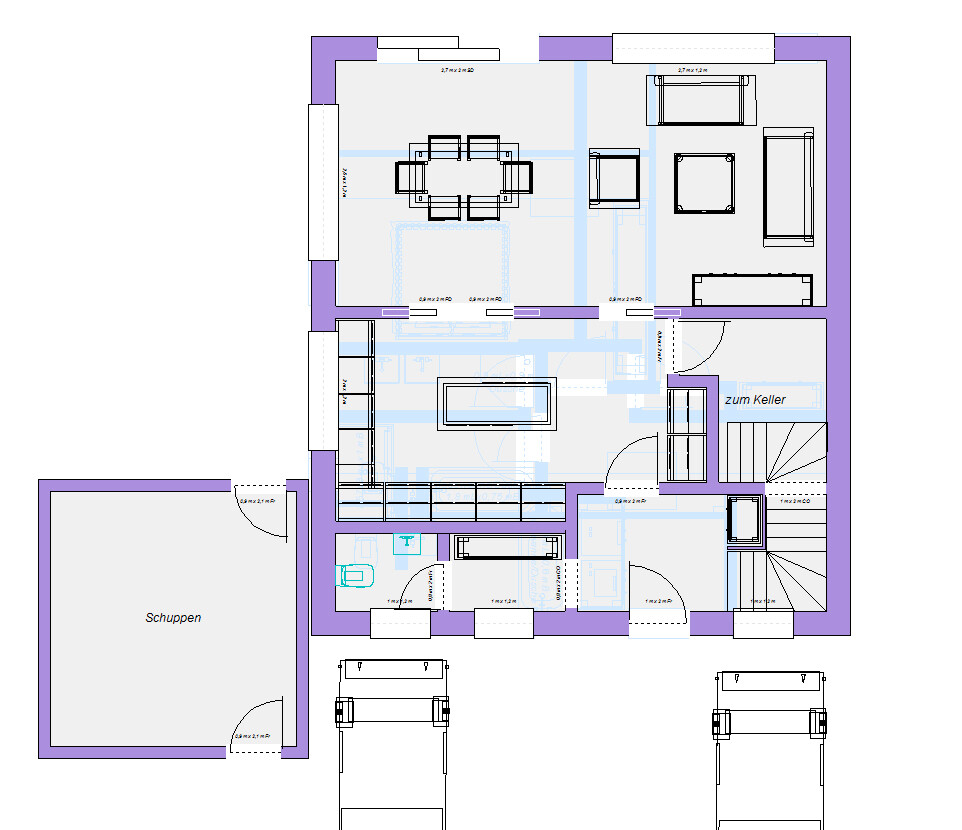 Grundriss eines Hauses: offener Wohn-/Essbereich, Treppen, Kellerzugang, Schuppen.