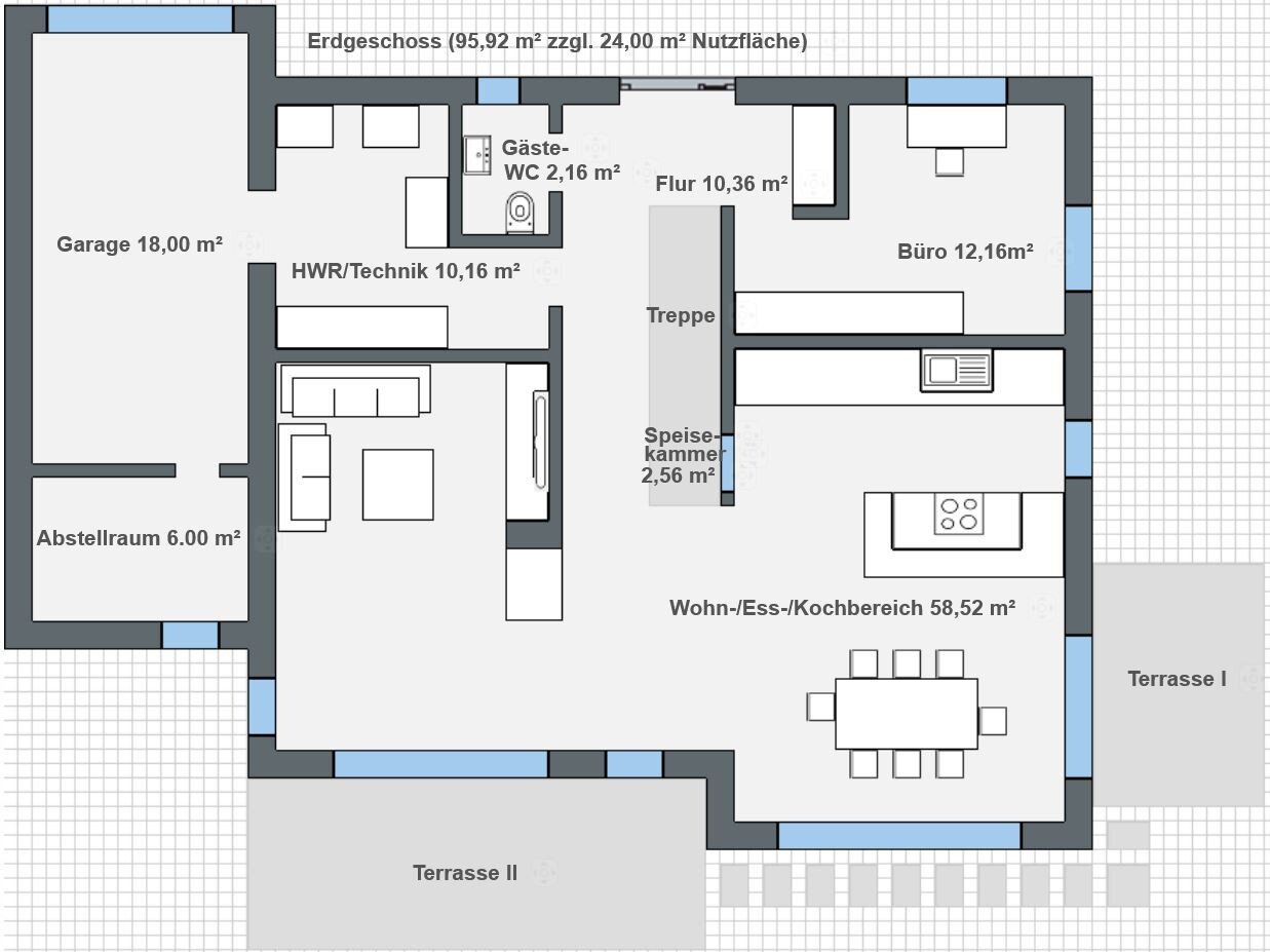 Grundriss Erdgeschoss: Garage, HWR, Gäste-WC, Treppe, Speisekammer, Büro, Wohnbereich, Terrasse