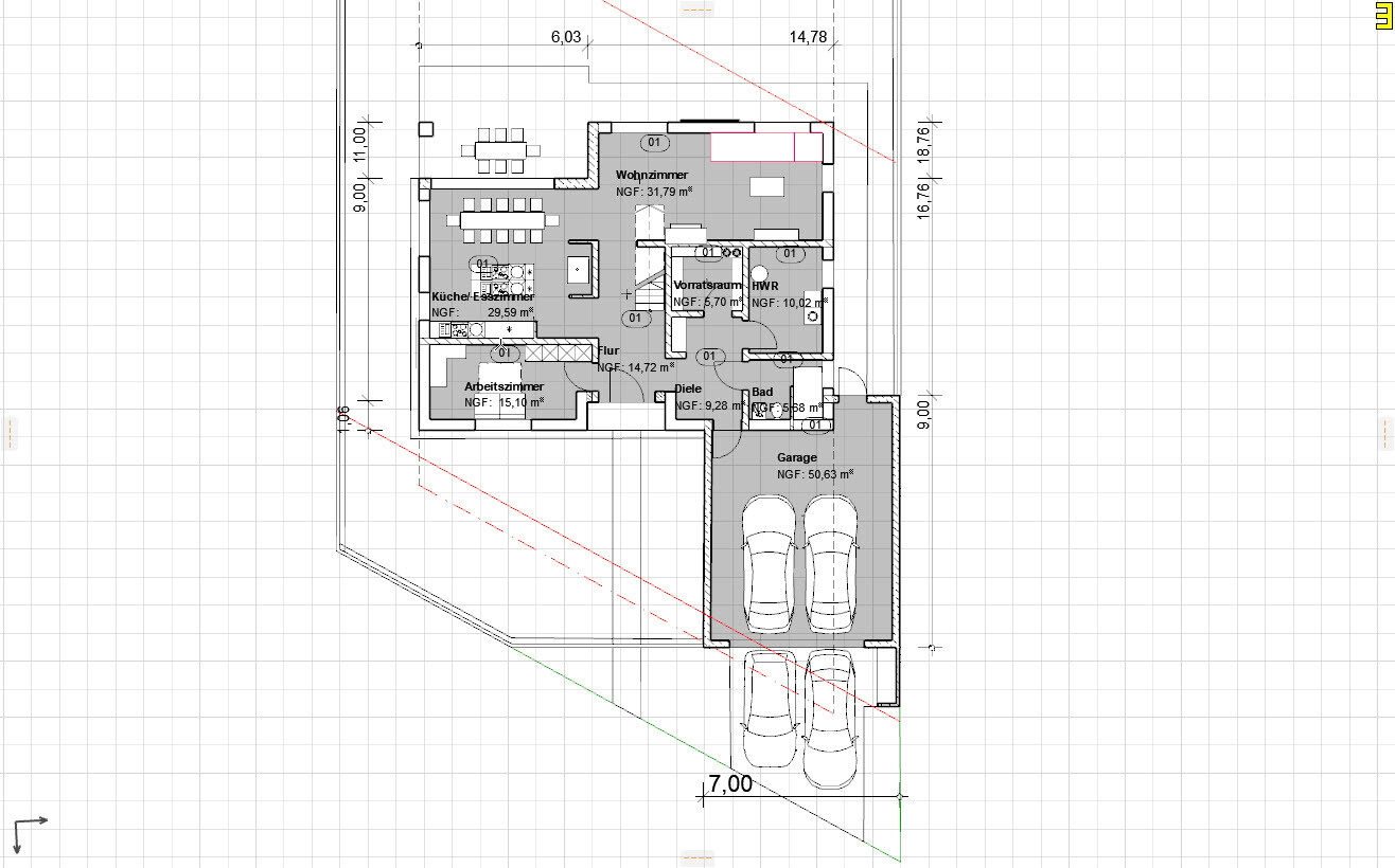 Grundriss eines Hauses mit Wohnzimmer, Küche, Arbeitszimmer, Bad und Garage.