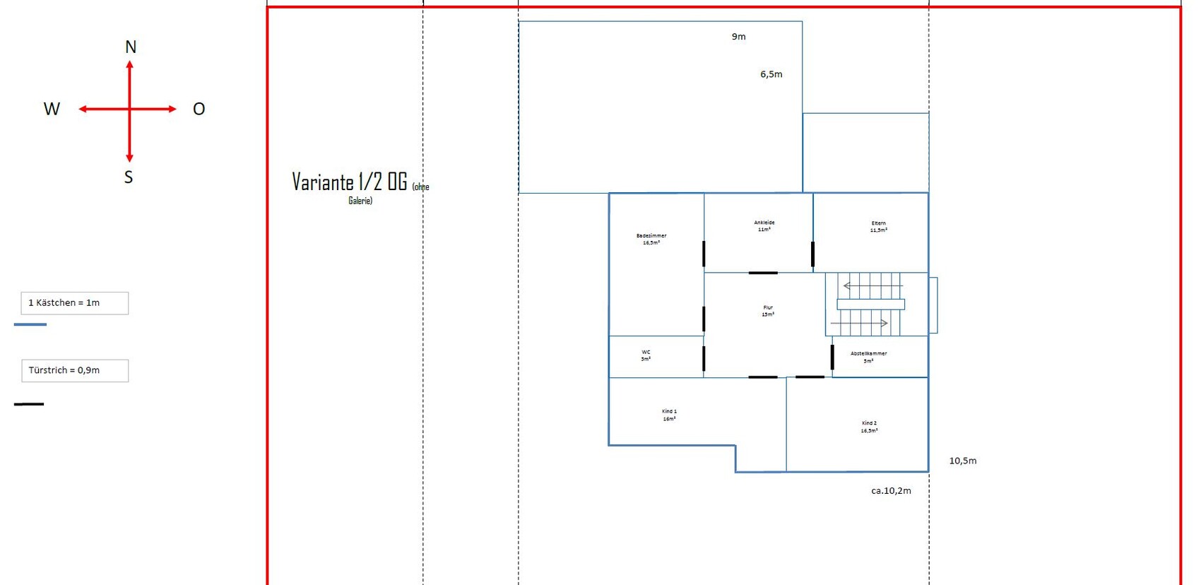 Grundriss Variante 1/2 DG (ohne Galerie) mit Bad, WC, Flur, Eltern- und Kinderzimmern.