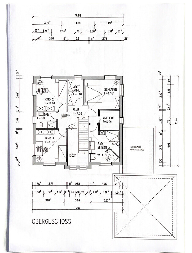 Grundriss Obergeschoss: Flur, Schlafen, Ankleide, Bad Eltern, Kind 1 & 2, Abstellraum
