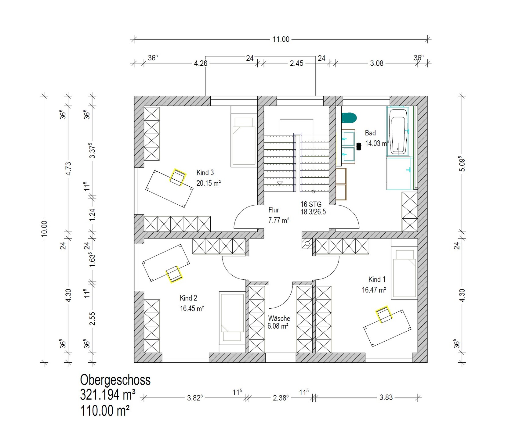 Grundriss des Obergeschosses mit drei Kinderzimmern, Bad, Flur, Waschküche und Treppenhaus.