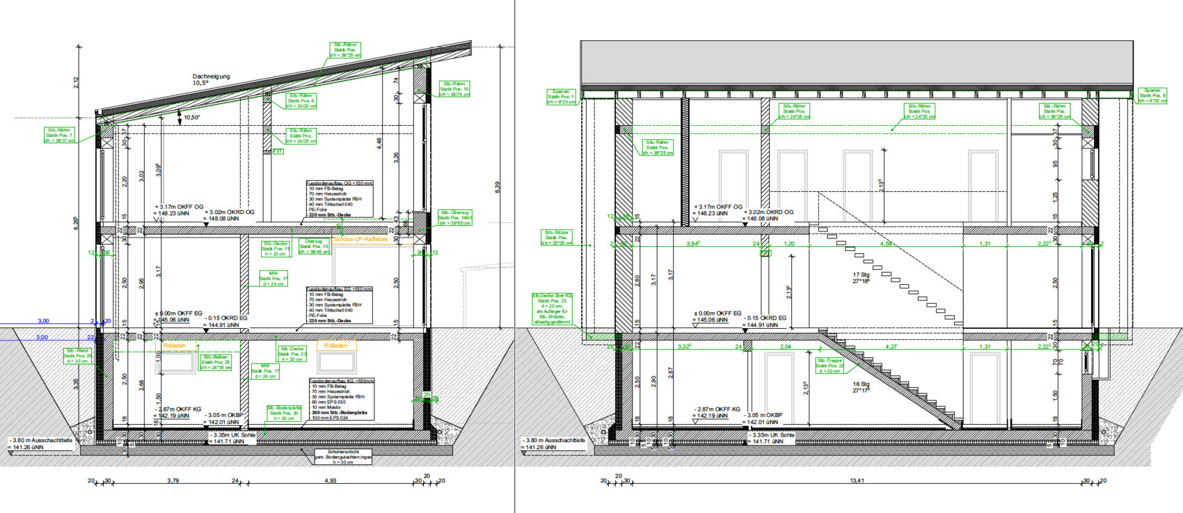 Architektur-Schnitt und Grundriss eines Gebäudes mit Treppen und Maßen.