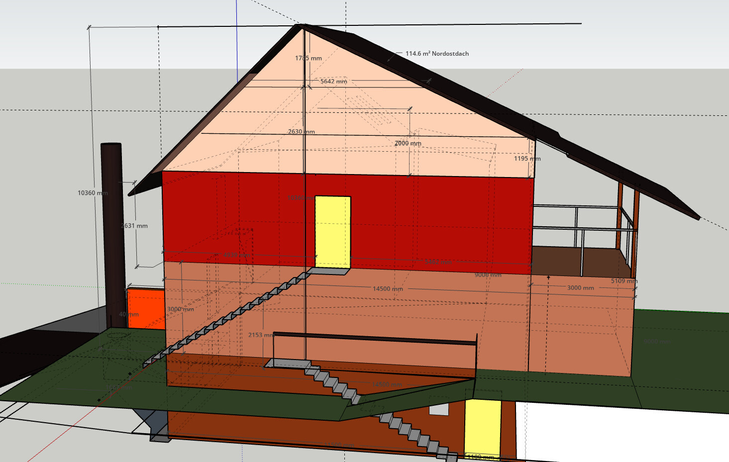 3D-Hausmodell: rotes Erdgeschoss, helles Dachgeschoss, Treppen und Balkon.