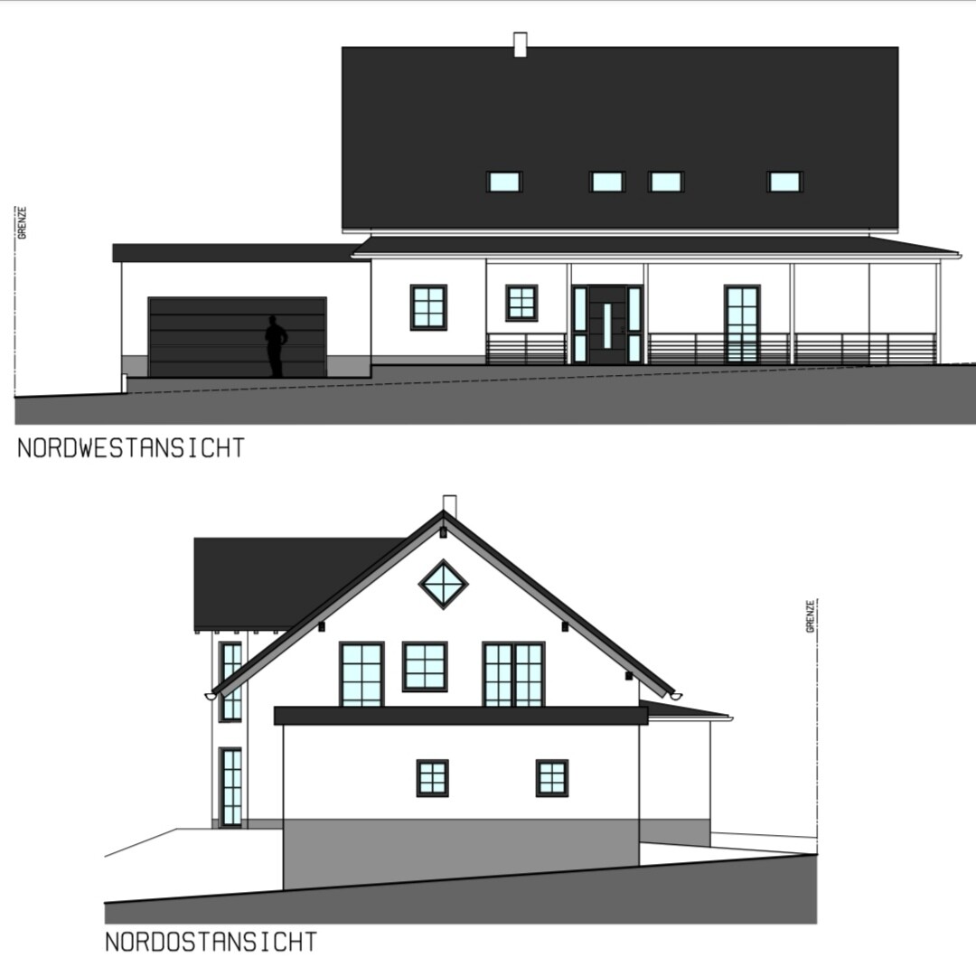 Haus in zwei Ansichten: Nordwest- und Nordostansicht mit Garage, Dach und Fenstern.