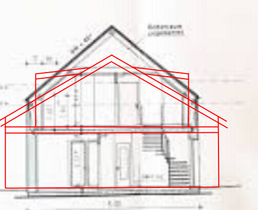 Schematische Zeichnung eines zweistöckigen Hauses mit Satteldach und Treppe (Baupläne)