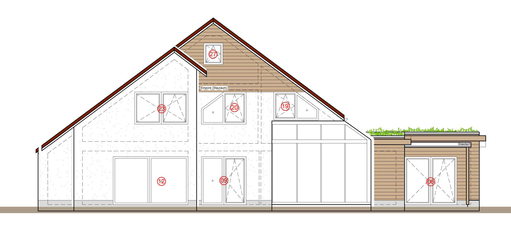 Architektonischer Hausgrundriss mit Dach, Fenstern und Türen, Bauzeichnung