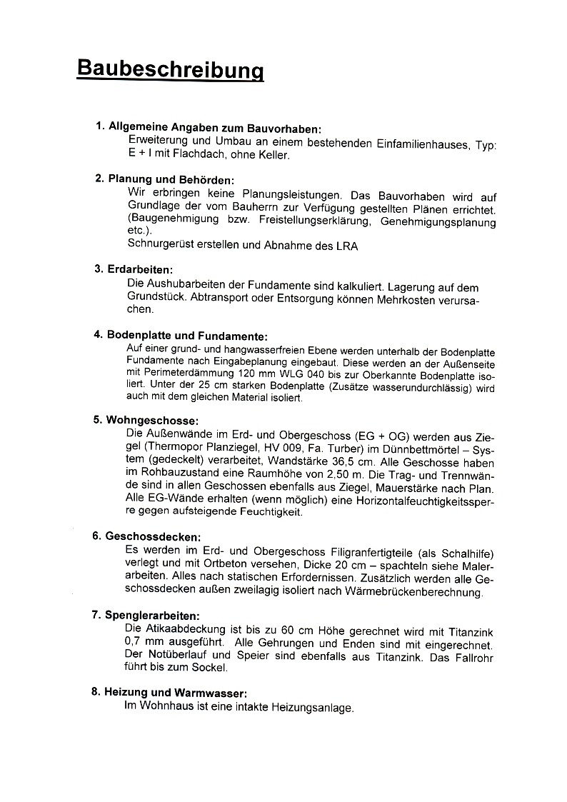 Baubeschreibung mit acht Abschnitten zu Planung, Erdarbeiten, Fundamente, Bodenplatte und Heizung.