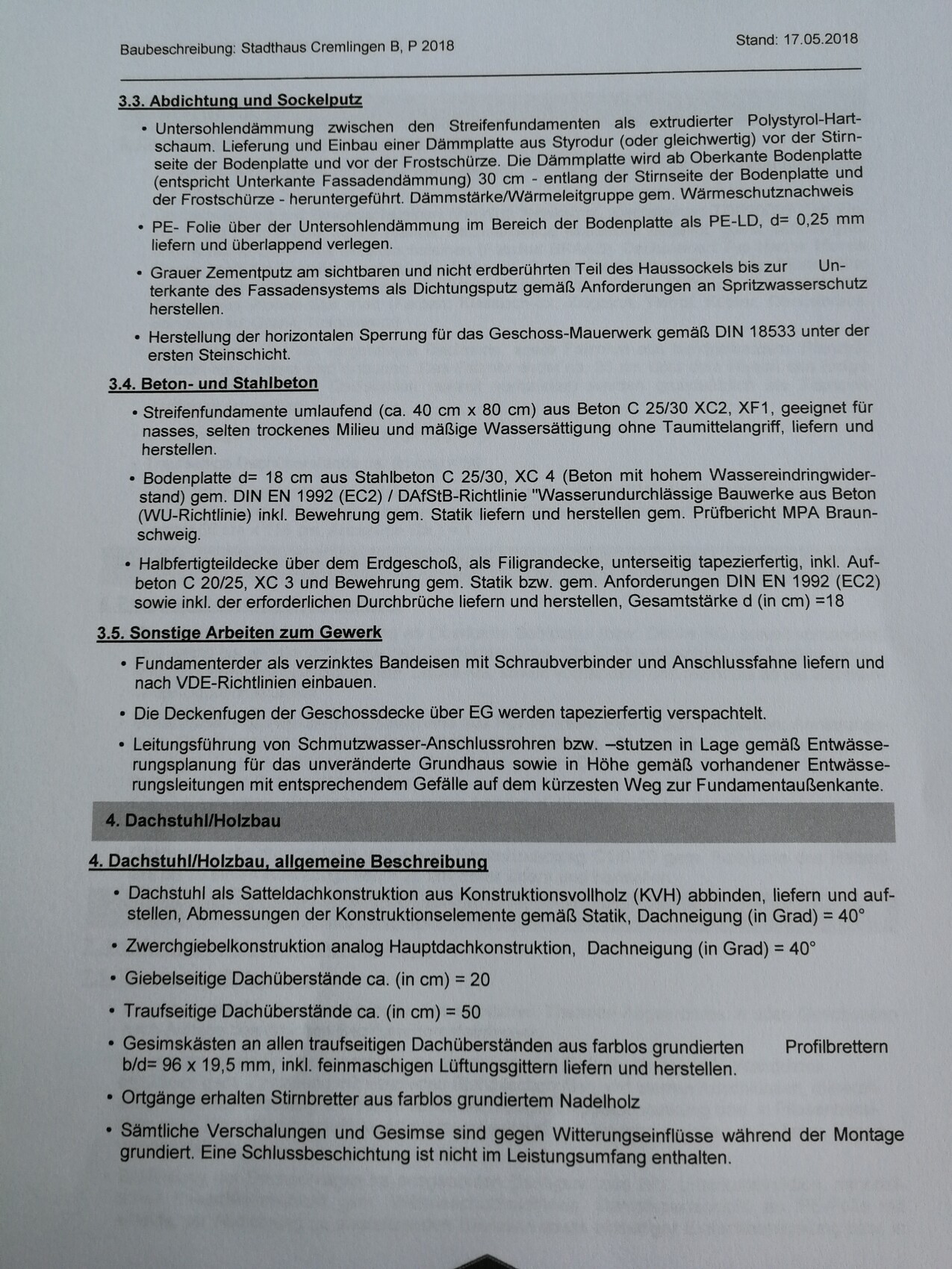 Baubeschreibung: Stadthaus Cremlingen B mit Abdichtung, Beton/Stahlbeton und Dachstuhl.