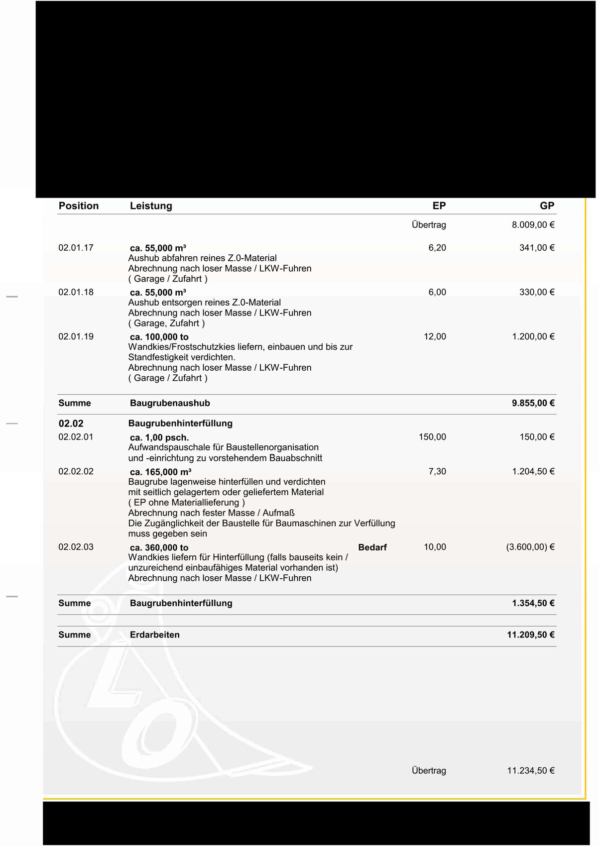 Kostenaufstellung einer Bauabrechnung mit Positionen, Mengen und Beträgen.