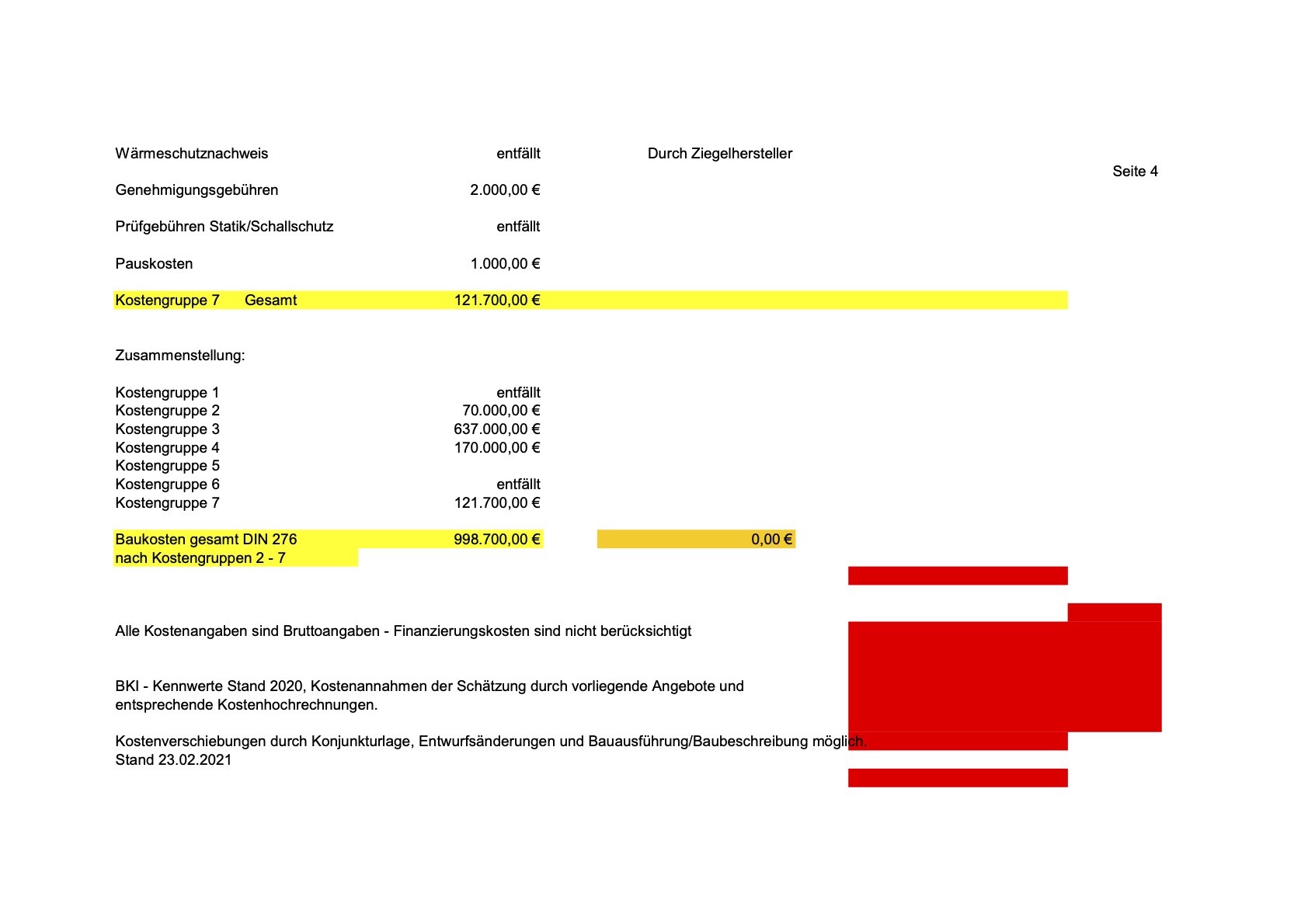 Kostenaufstellung mit Tabellen, gelb markierten Zeilen und roten Balken rechts.