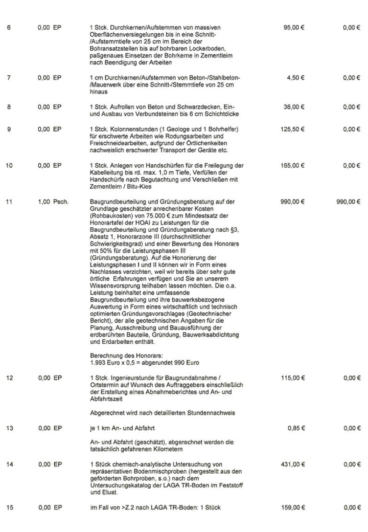 Preisliste mit Positionsnummern, Leistungen und Preisen (Euro).