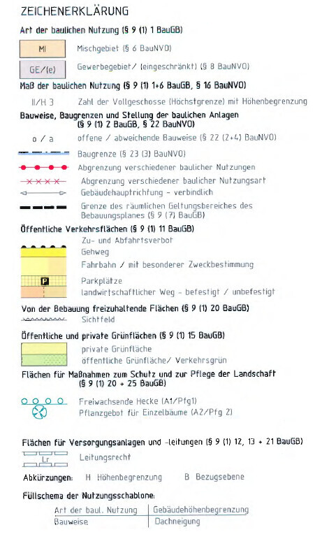 Legende der baulichen Nutzung: Symbole für Bauweise, Abgrenzungen, Verkehrsflächen, Grünflächen.