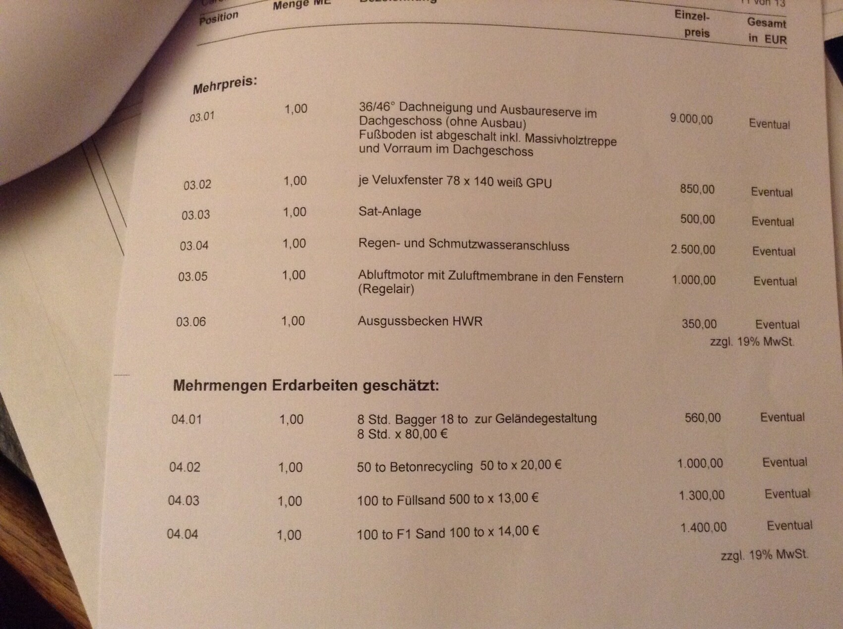 Offenes Dokument: Baupreisliste mit Datum, Position, Menge und Preisangaben.
