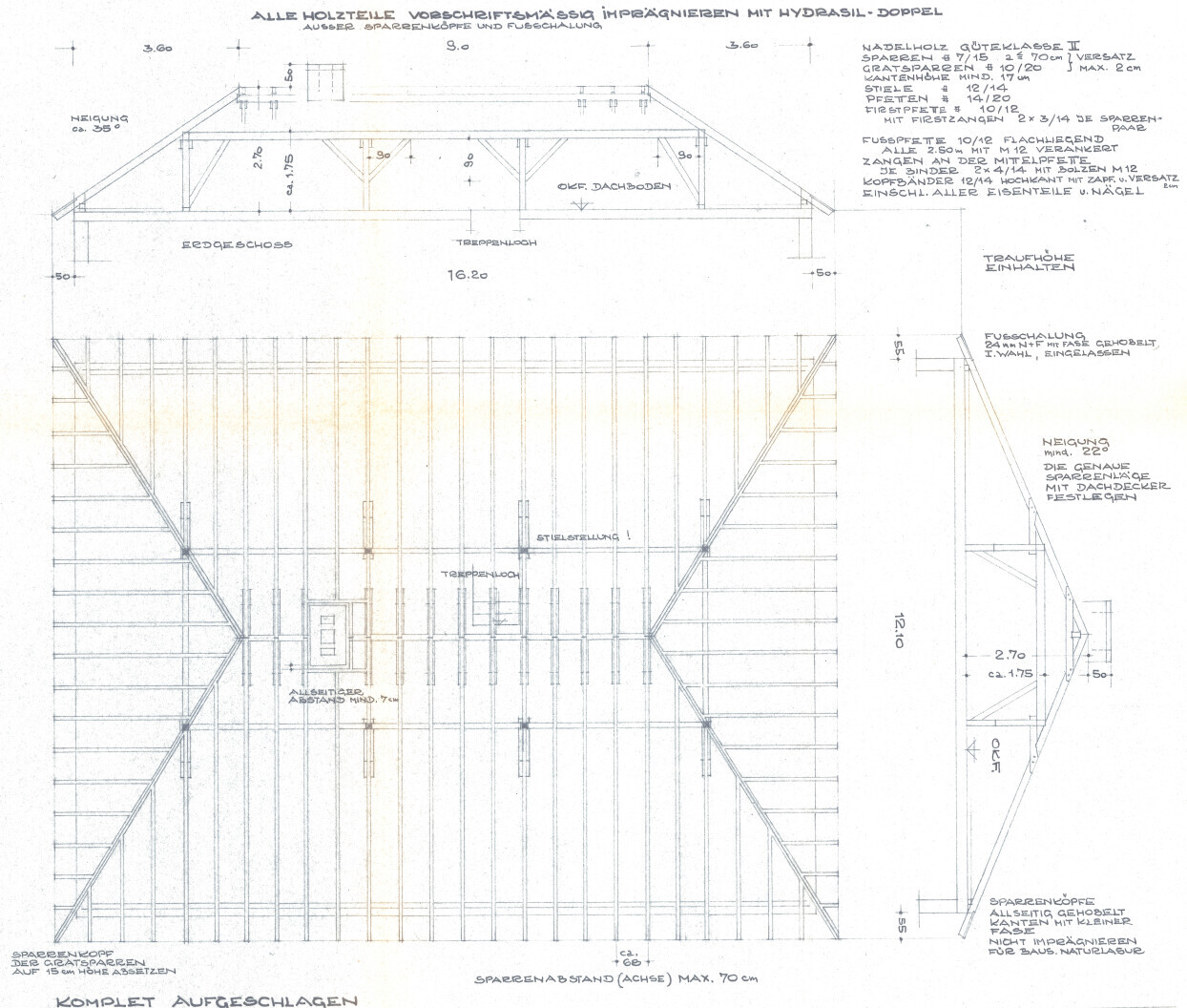Technische Zeichnung eines Dachstuhls: Querschnitt mit Sparren, Pfetten und Maßen.