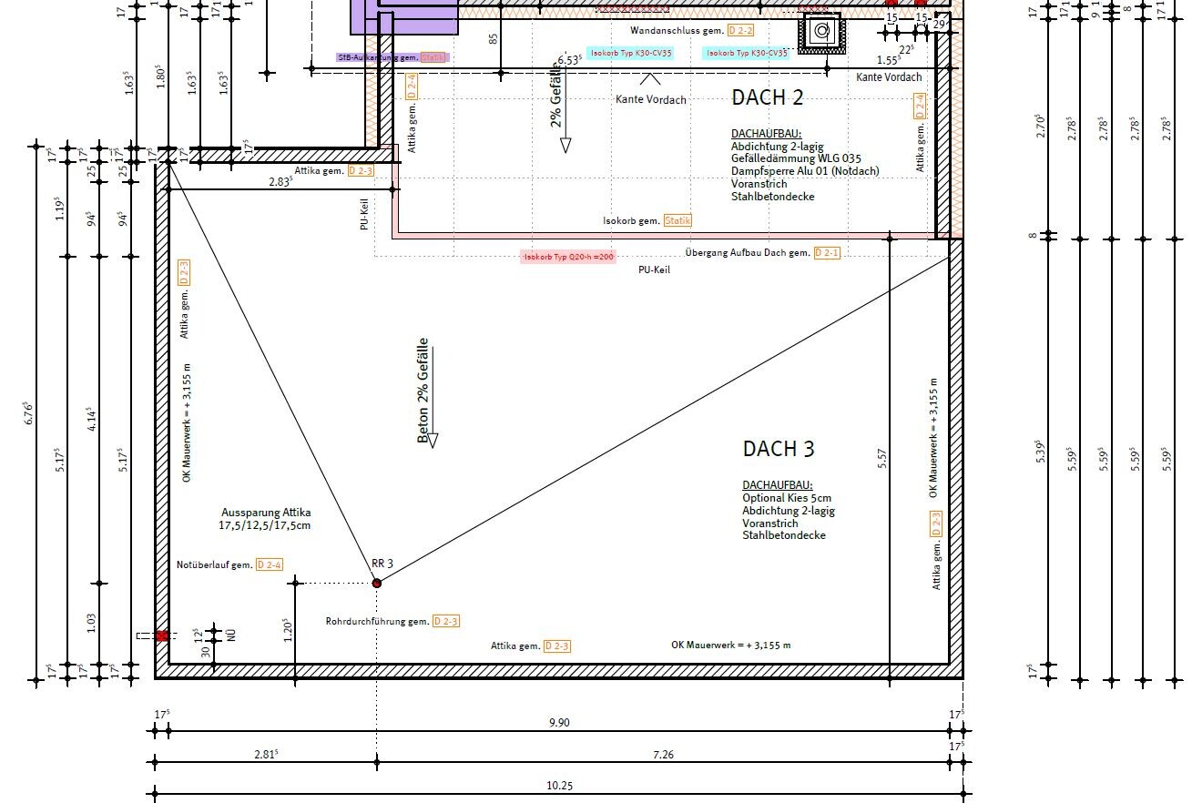 Grundriss Dachplan: DACH 2 & DACH 3, Dachaufbau, Abdichtung, Gefälle, Attika.