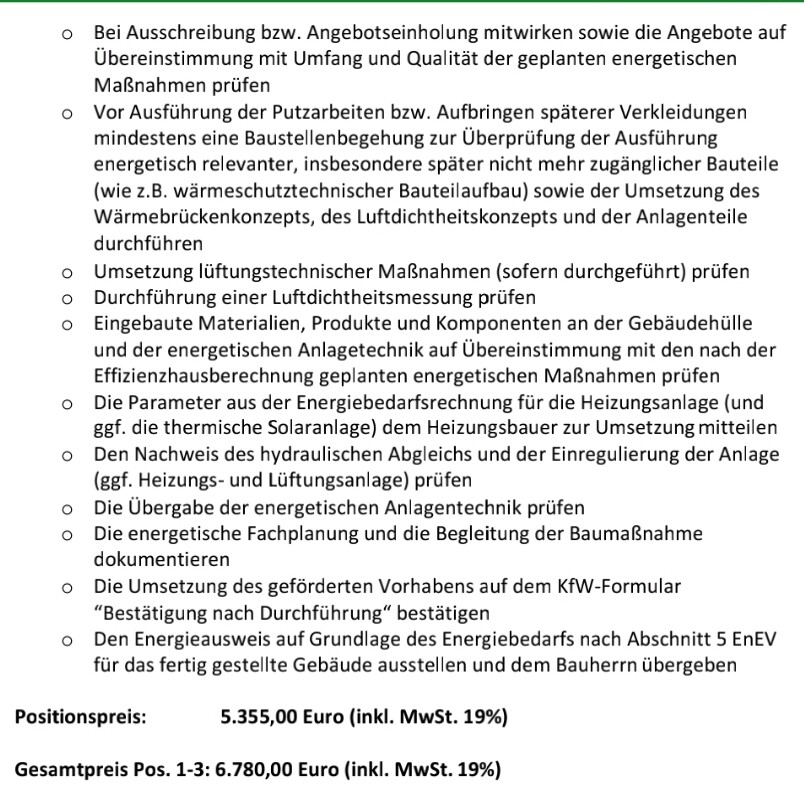 Dokument mit Aufzählungspunkten, Preisangaben und Gesamtpreis eines Angebots.