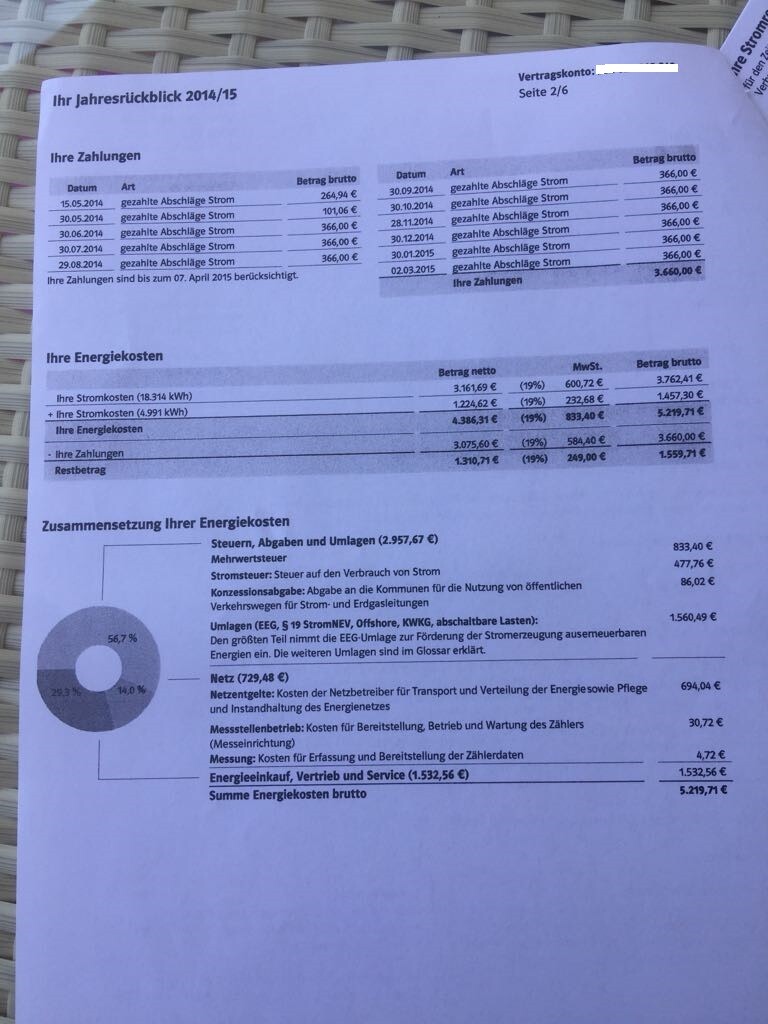 Dokument mit Jahresrückblick 2014/15 und Tabellen zu Energiekosten und Zahlungen.