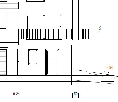 Außenansicht eines Gebäudes mit Balkon, Tür und Fenstern als Architekturzeichnung.