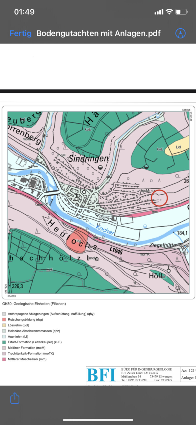 Geologische Karte mit farbigen Flächen und roter Markierung nahe dem Fluss Kocher bei Sindringen.