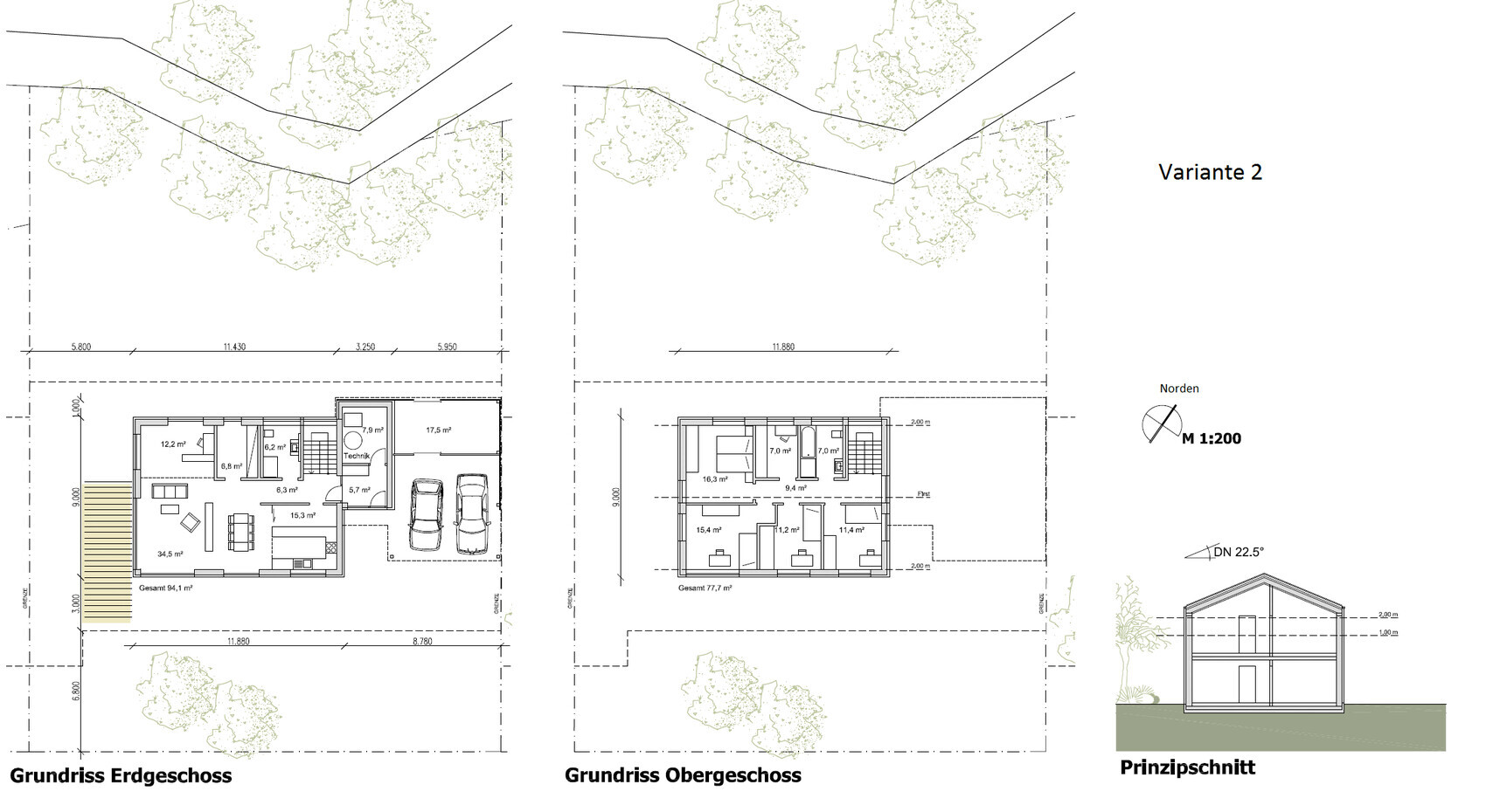 Architekturplan: Erd- und Obergeschoss-Grundrisse, Variante 2; Carport & Terrasse, Maßstab 1:200.