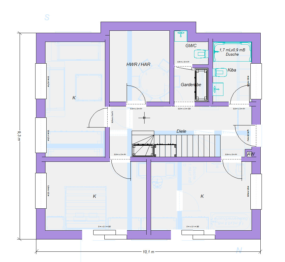 Grundriss einer Wohnung: Diele, Garderobe, HWR, Küche und Schlafzimmer