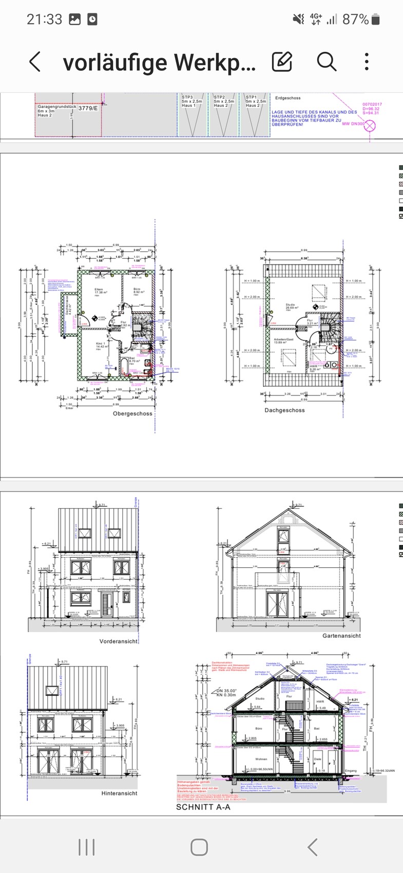 Architekturpläne eines Hauses: Grundrisse Ober-/Dachgeschoss, Vorder-/Garten-/Hinteransicht