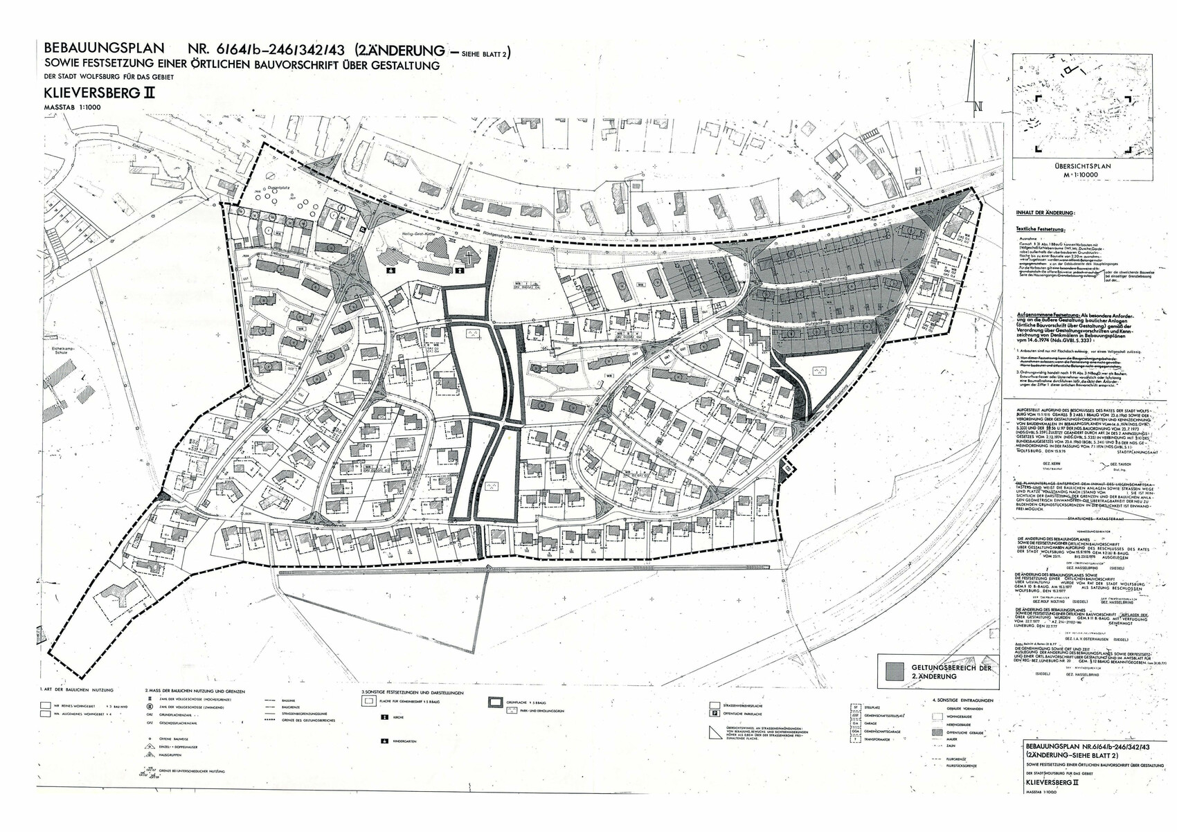 Übersichtsplan des Bebauungsplans KLIEVERSBERG II mit Straßen, Parzellen und Randbereichen.
