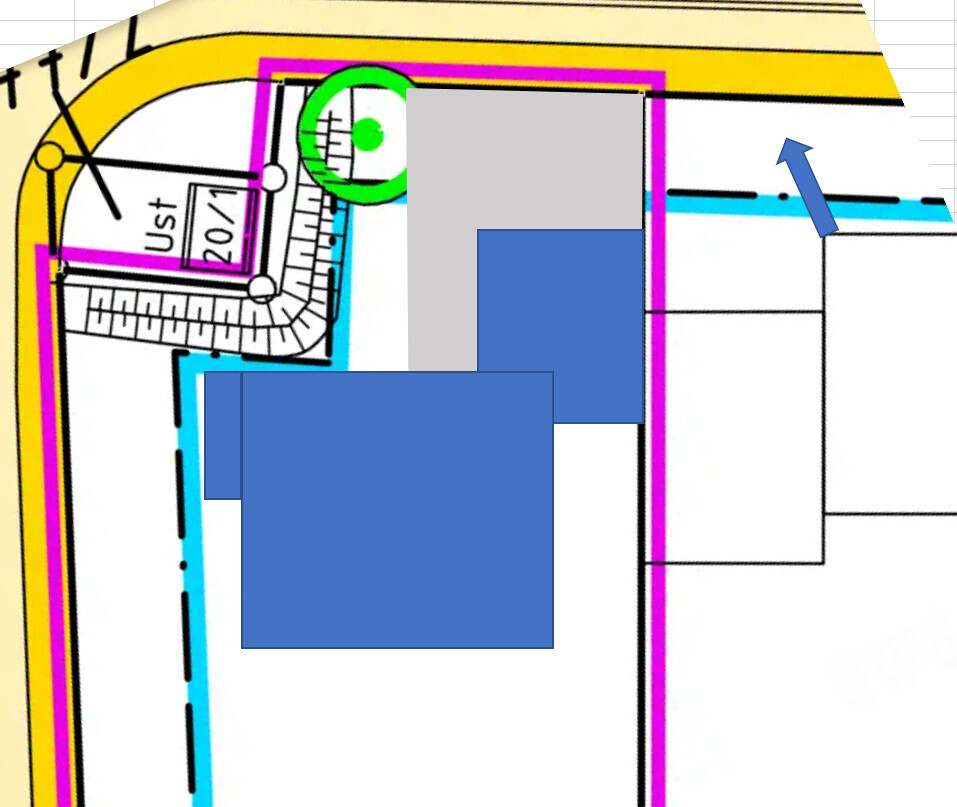 Buntes Bauplan-Layout mit Messlatte, Winkelmesser, farbigen Linien und Blauflächen