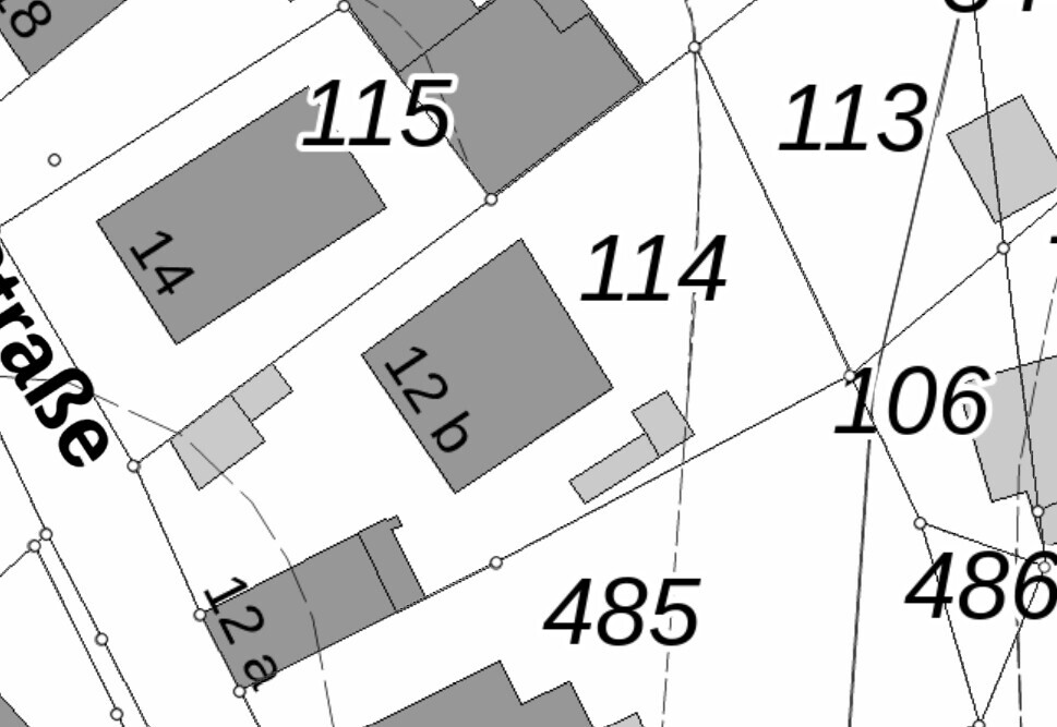 Kadastrale Parzellenkarte mit Nummern 115, 114, 12b; Gebäude in Grau