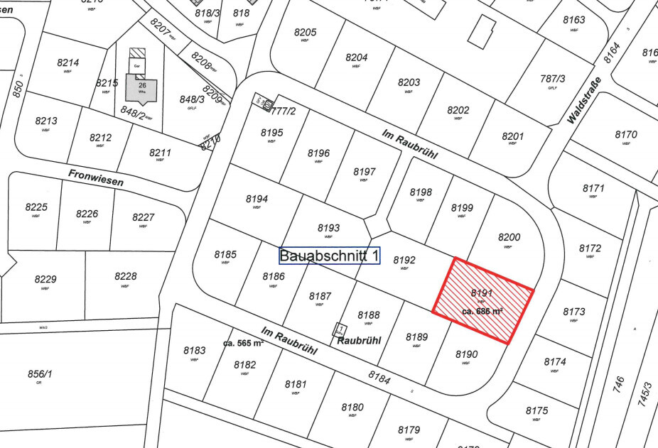Städtebaulicher Lageplan: rote, schraffierte Parzelle 8191 (ca. 686 m²) im Bauabschnitt 1.