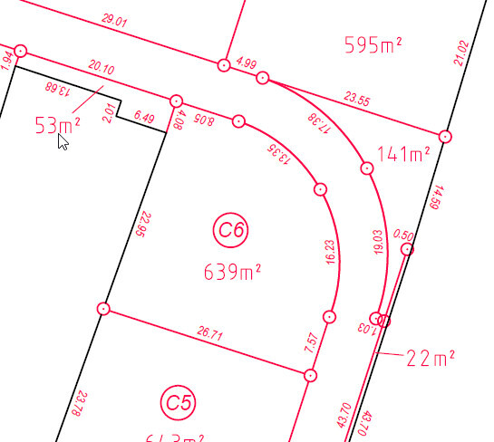 Grundriss einer Parzellenkarte mit C5 (613 m²) und C6 (639 m²) sowie weiteren Flächen.