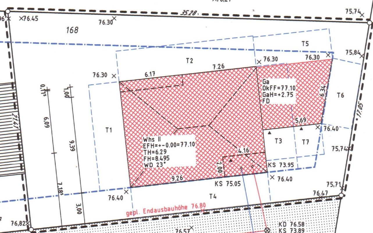 Detaillierte Grundstuecksplanung und Grundrisszeichnung eines Baugrundstuecks mit Grenzlinien