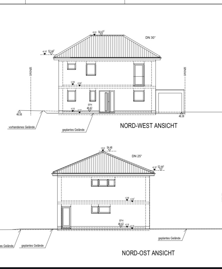 Einfamilienhaus, zweigeschossig, Nord-West- und Nord-Ost-Ansicht mit Dach, Fenstern und Garage.