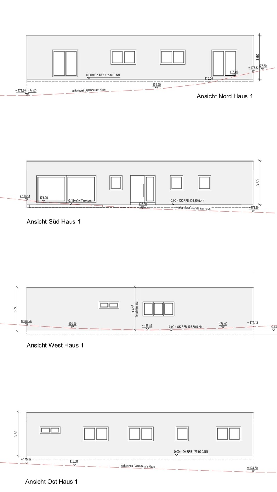 Architekturzeichnung: Hausansichten Nord, Süd, West und Ost mit Fenstern, Türen und Gelände-Linien.