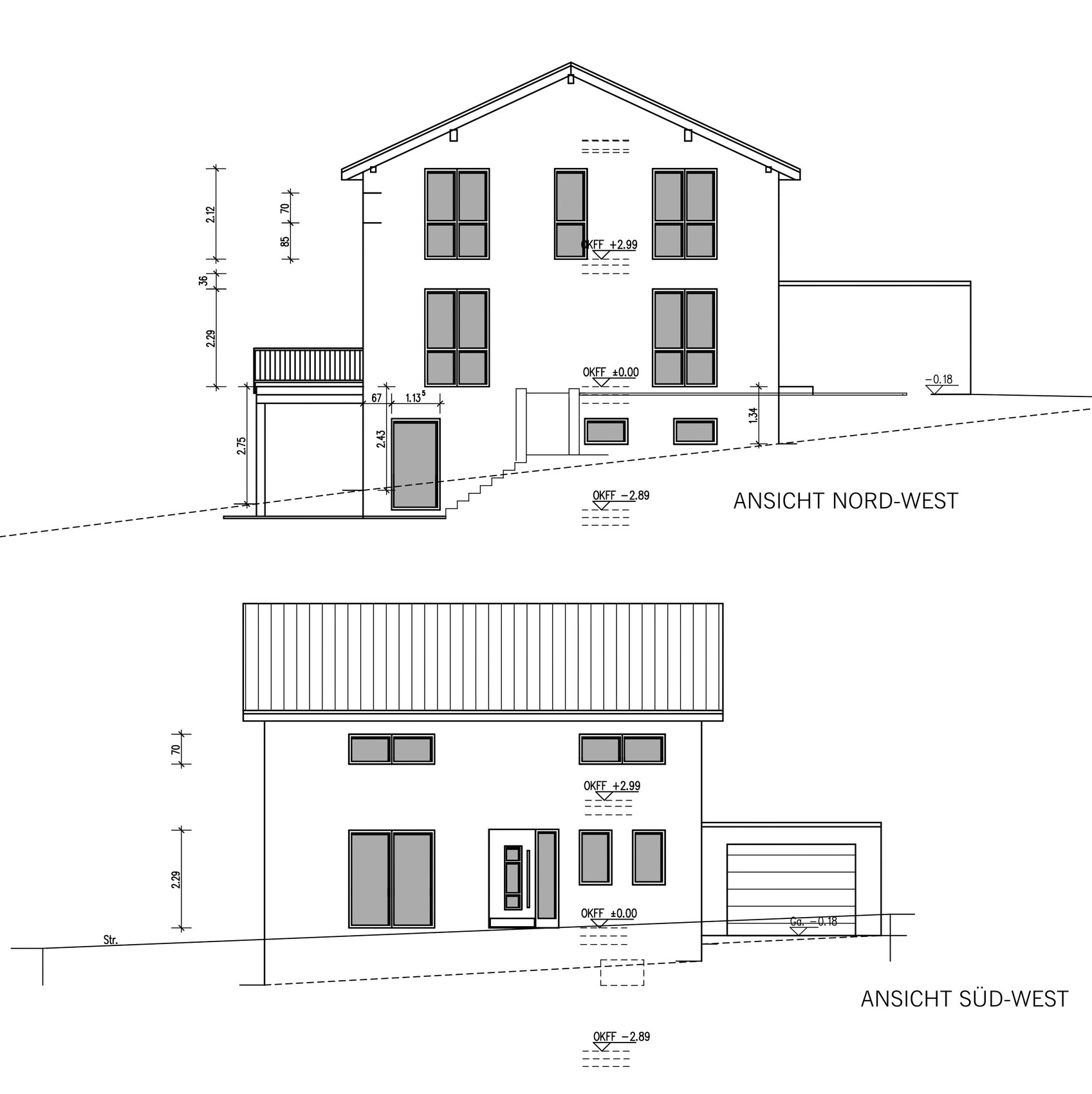 Nordwest- und Südwest-Ansicht eines Einfamilienhauses mit Fenstern, Türen und Maßlinien.