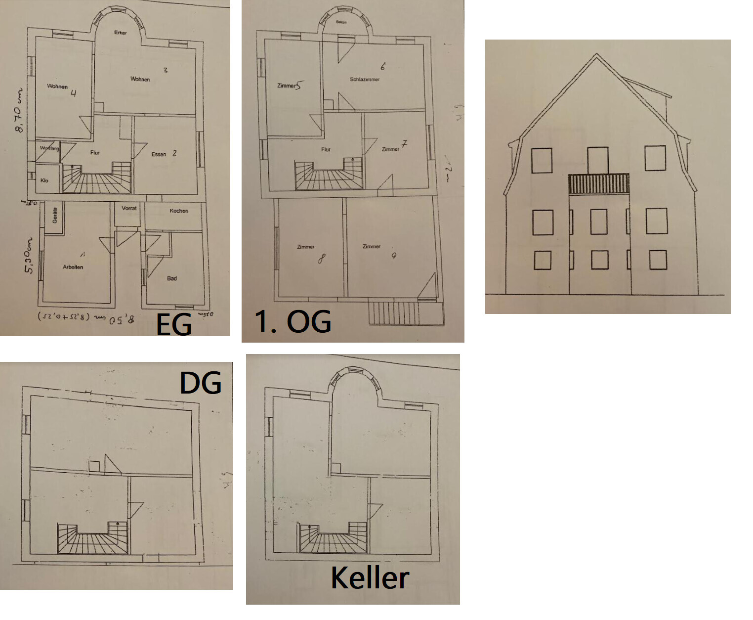 Bildcollage mit vier Grundrissen (EG, 1. OG, DG, Keller) und Frontansicht des Hauses.