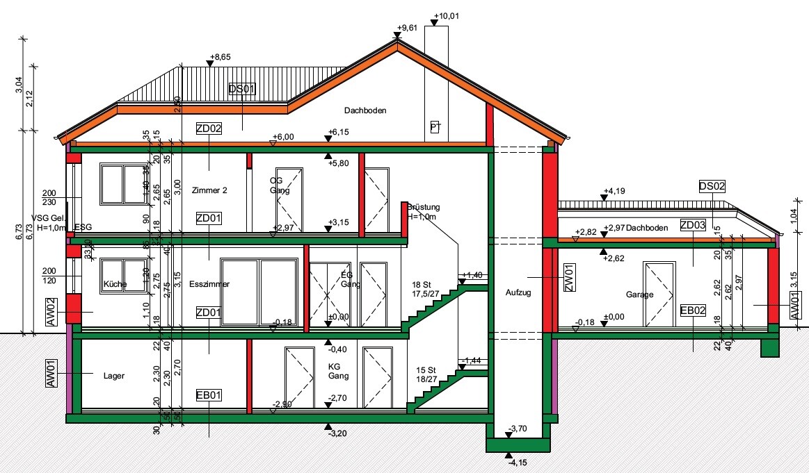 Querschnitt eines mehrstöckigen Hauses mit Kellern, Treppen, Aufzug, Dachboden, Küche, Garage.