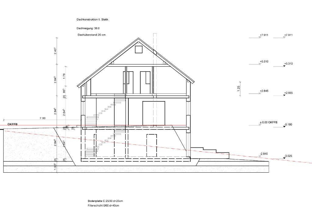 Schnitt durch ein zweistöckiges Haus mit Keller, Treppen, Dach und Fundament