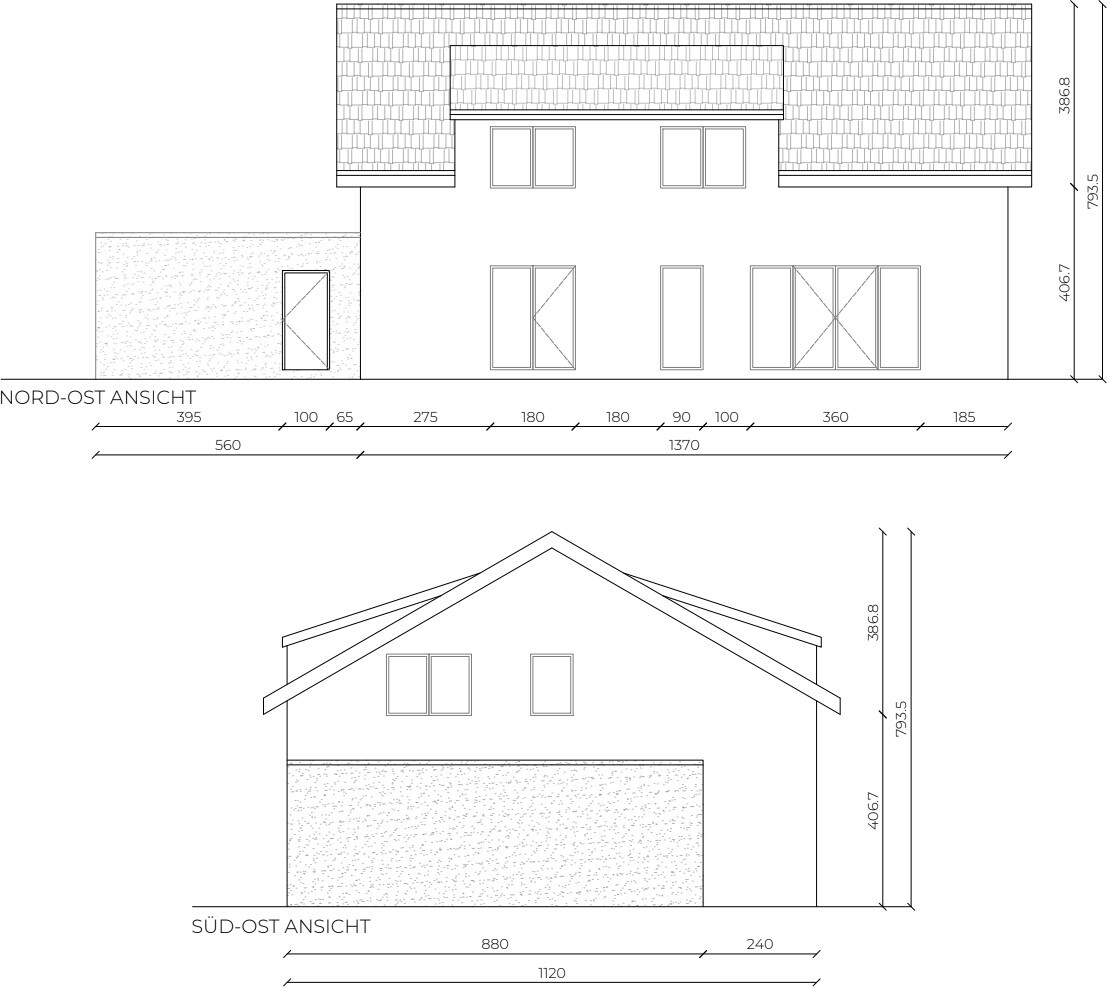 Architektur-Entwurf eines Hauses: Nord-Ost- und Süd-Ost-Ansichten mit Dach, Fenstern und Türen.