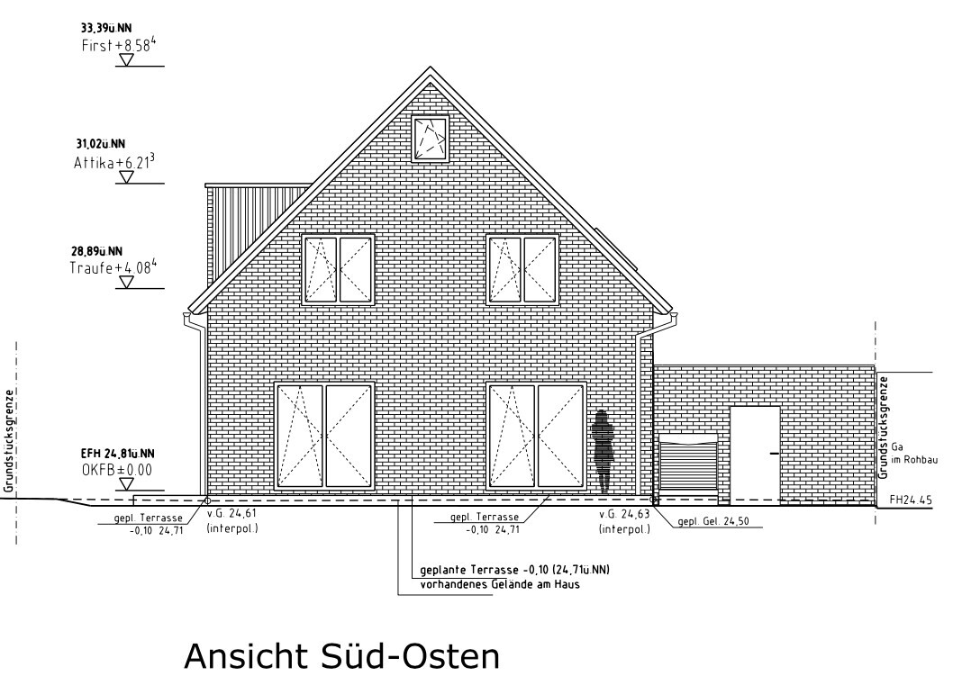 Südost-Ansicht eines Backsteinhauses: Dach, Fenster, Tür und Terrasse (Architekturzeichnung).