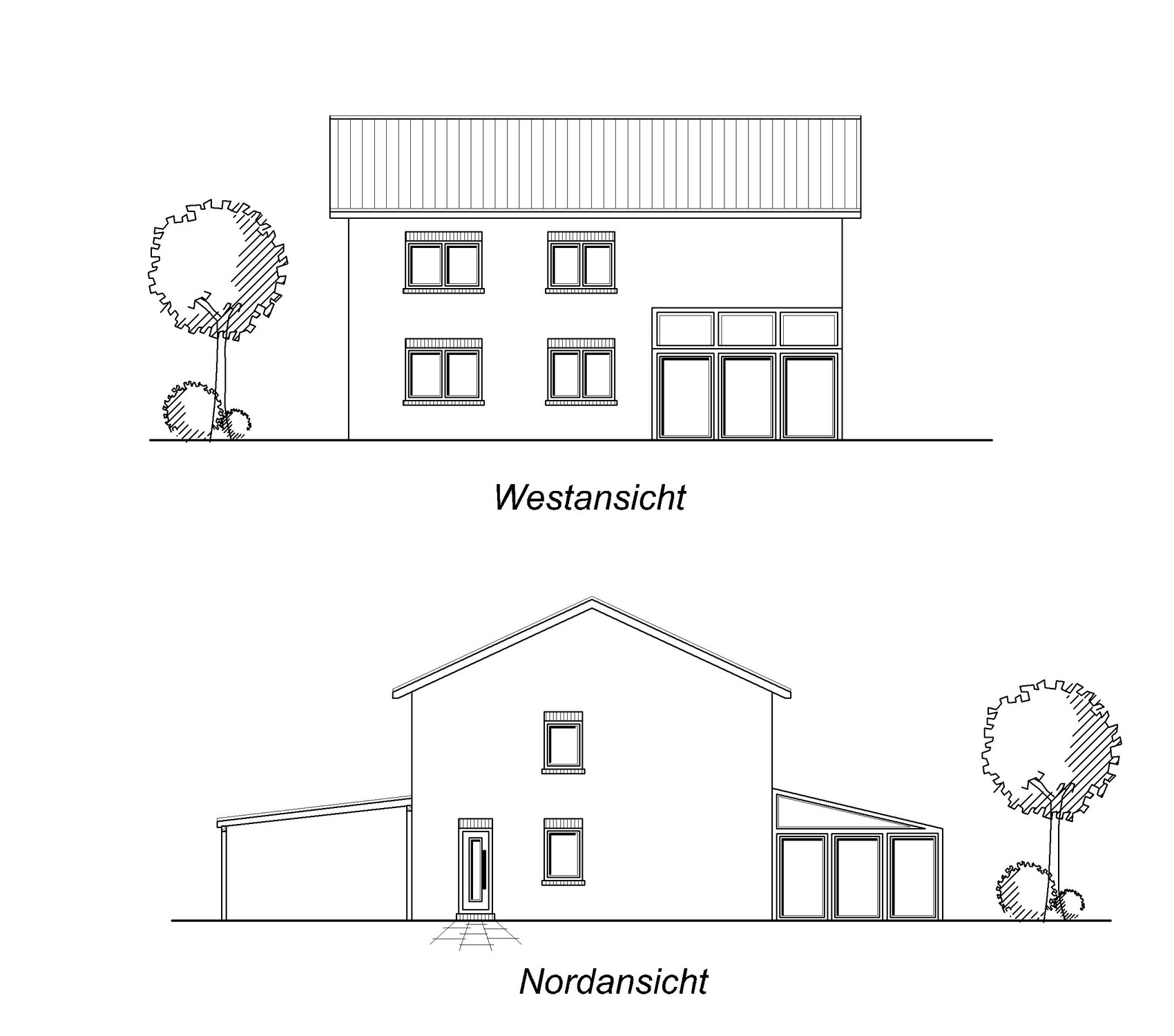 West- und Nordansicht eines modernen Hauses mit Fenstern, Eingang, Garage und Bäumen.