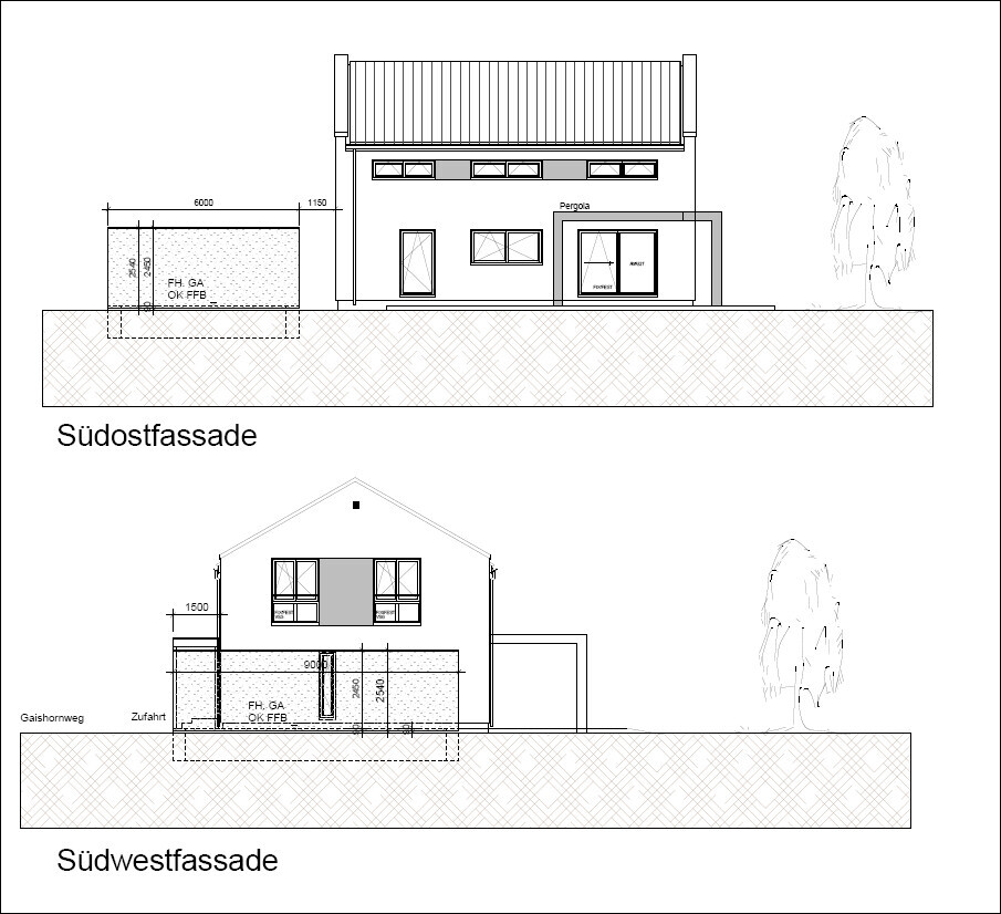 Schematische Zeichnungen: Südost- und Südwestfassade eines Hauses mit Fenstern, Tür, Pergola und Baum.